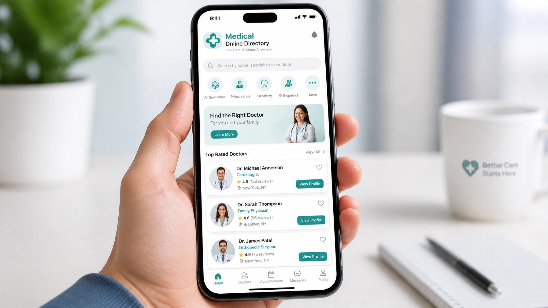 Smartphone showing the Medical Online Directory app with doctor profiles