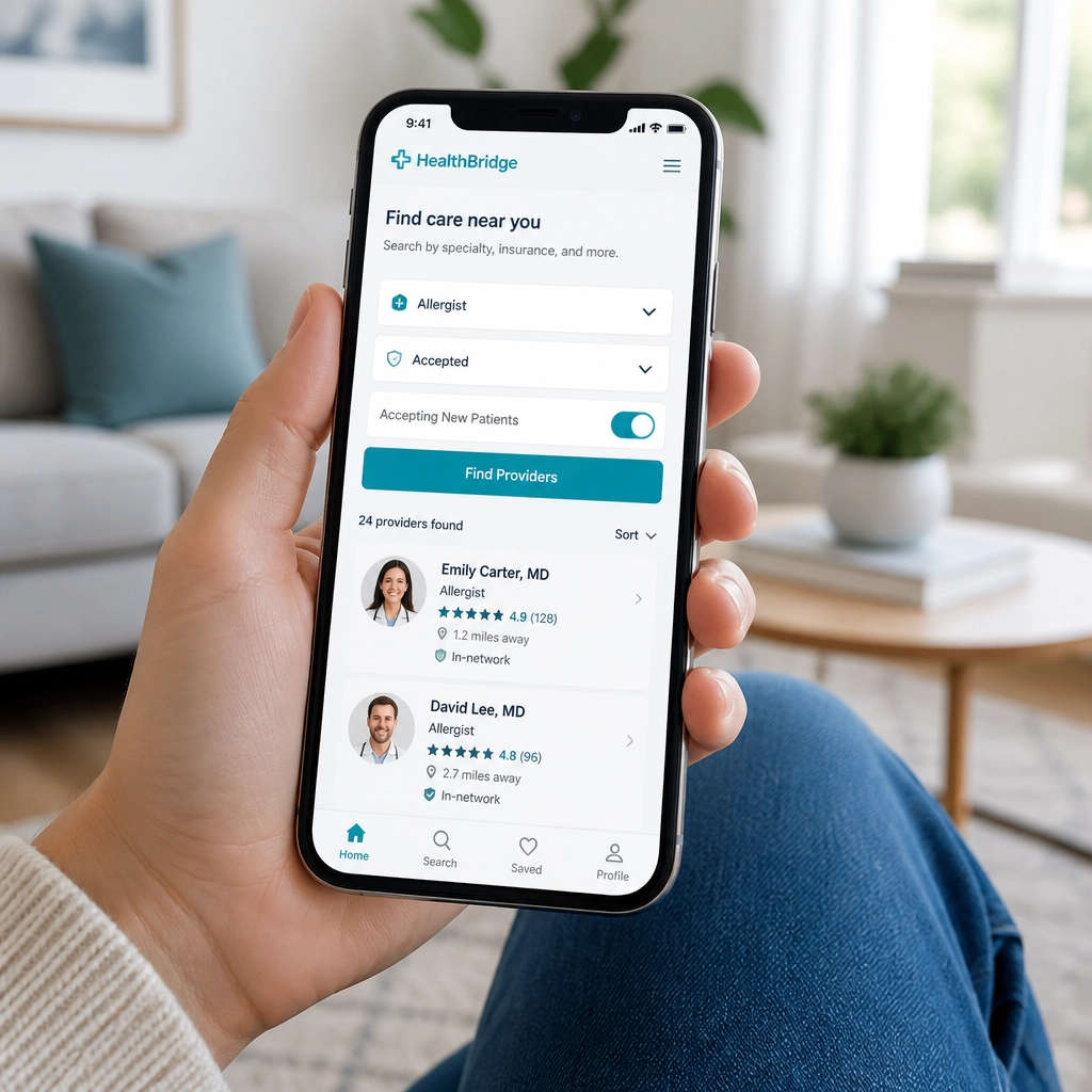 A smartphone showing the Medical Online Directory search filters for allergists