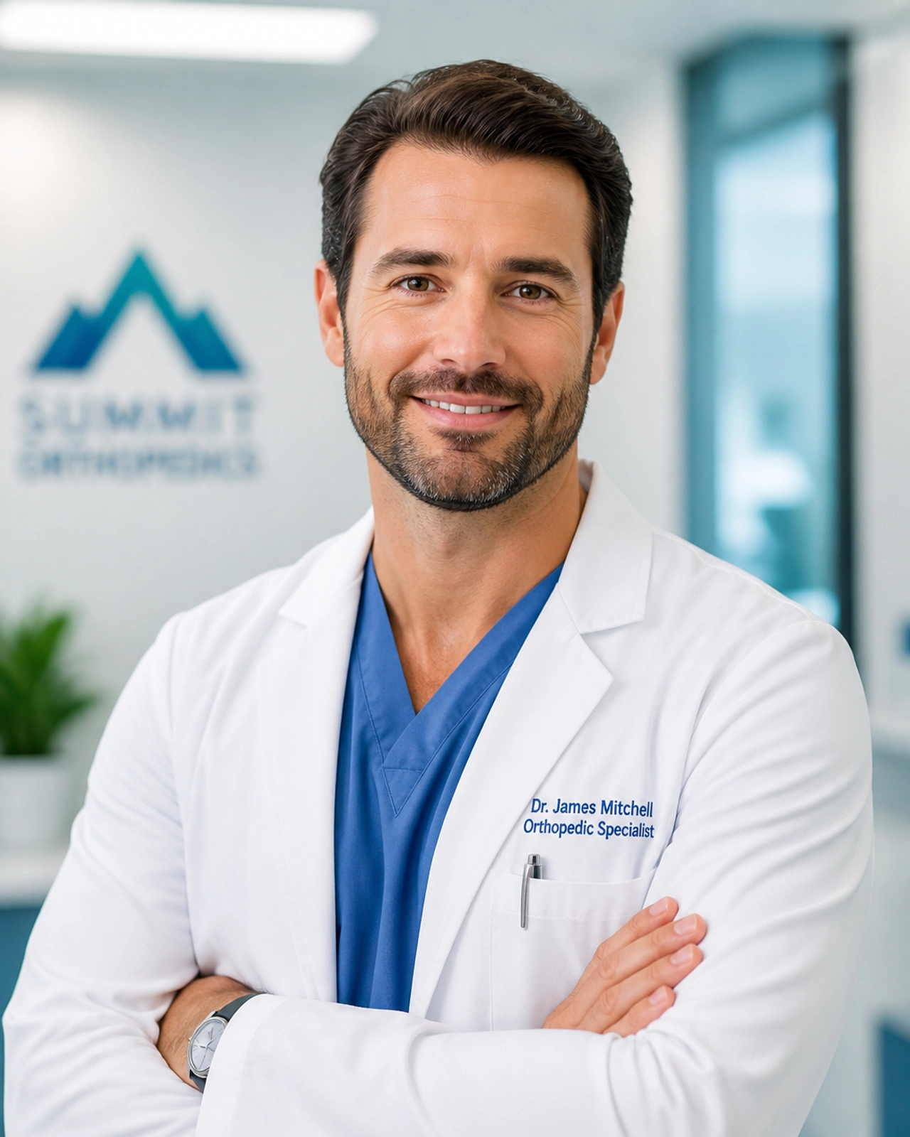 A professional male medical specialist in a clean, high-key clinical environment