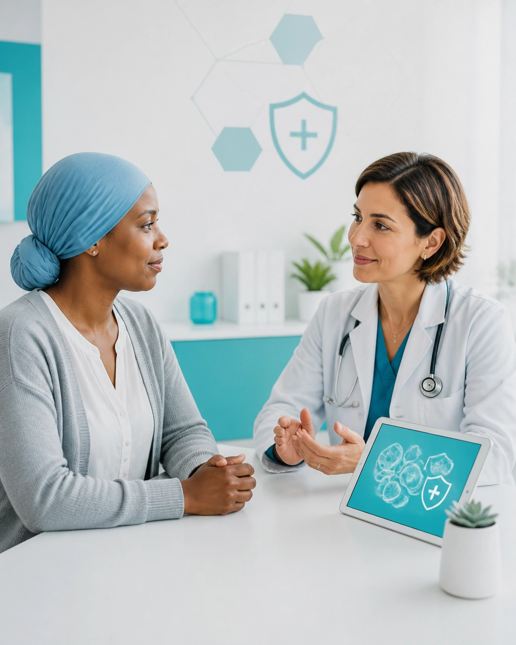 Patient and oncologist discussing personalized cancer treatment and clinical trials in a bright consultation room