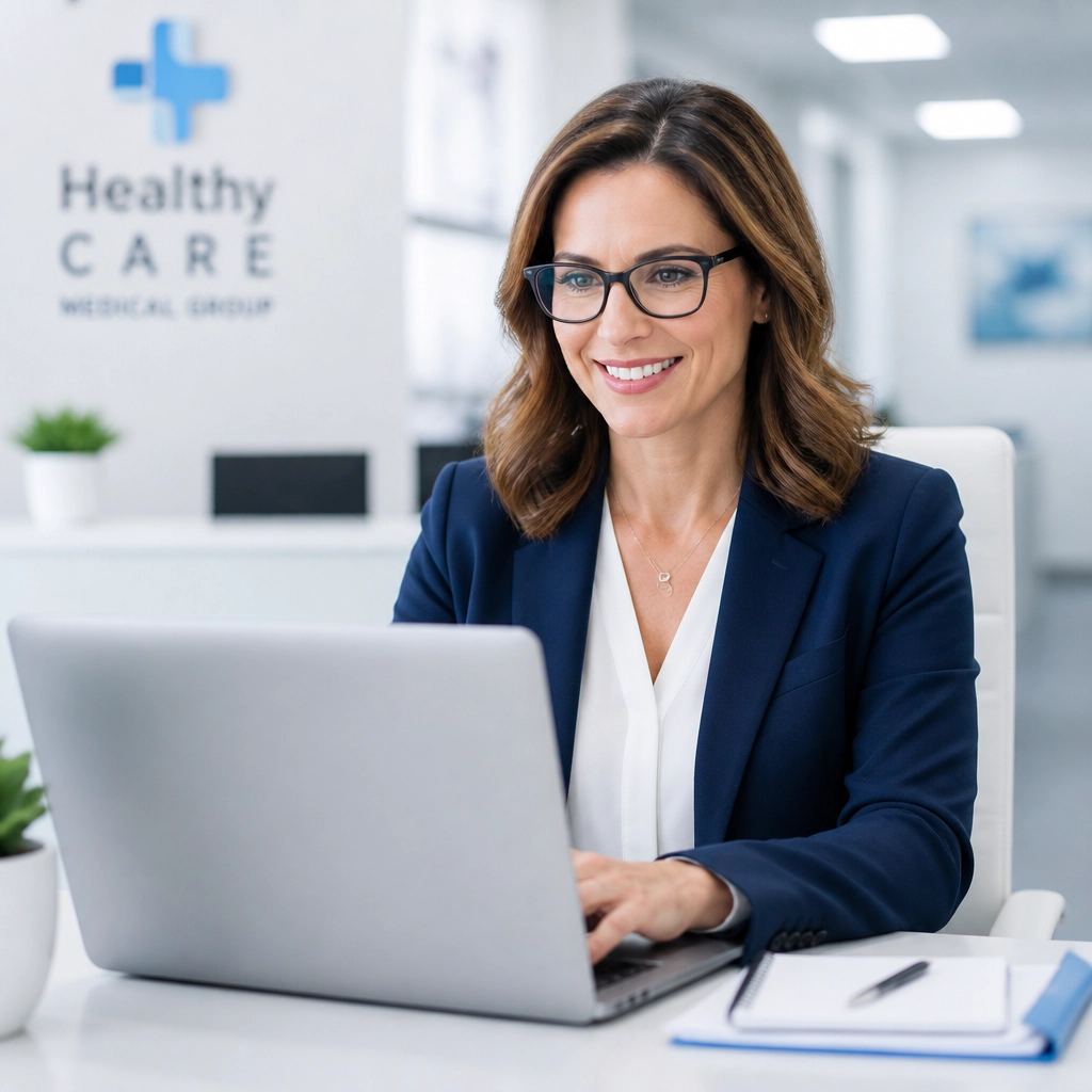 A professional practice manager smiling while looking at a laptop, representing modern healthcare management.