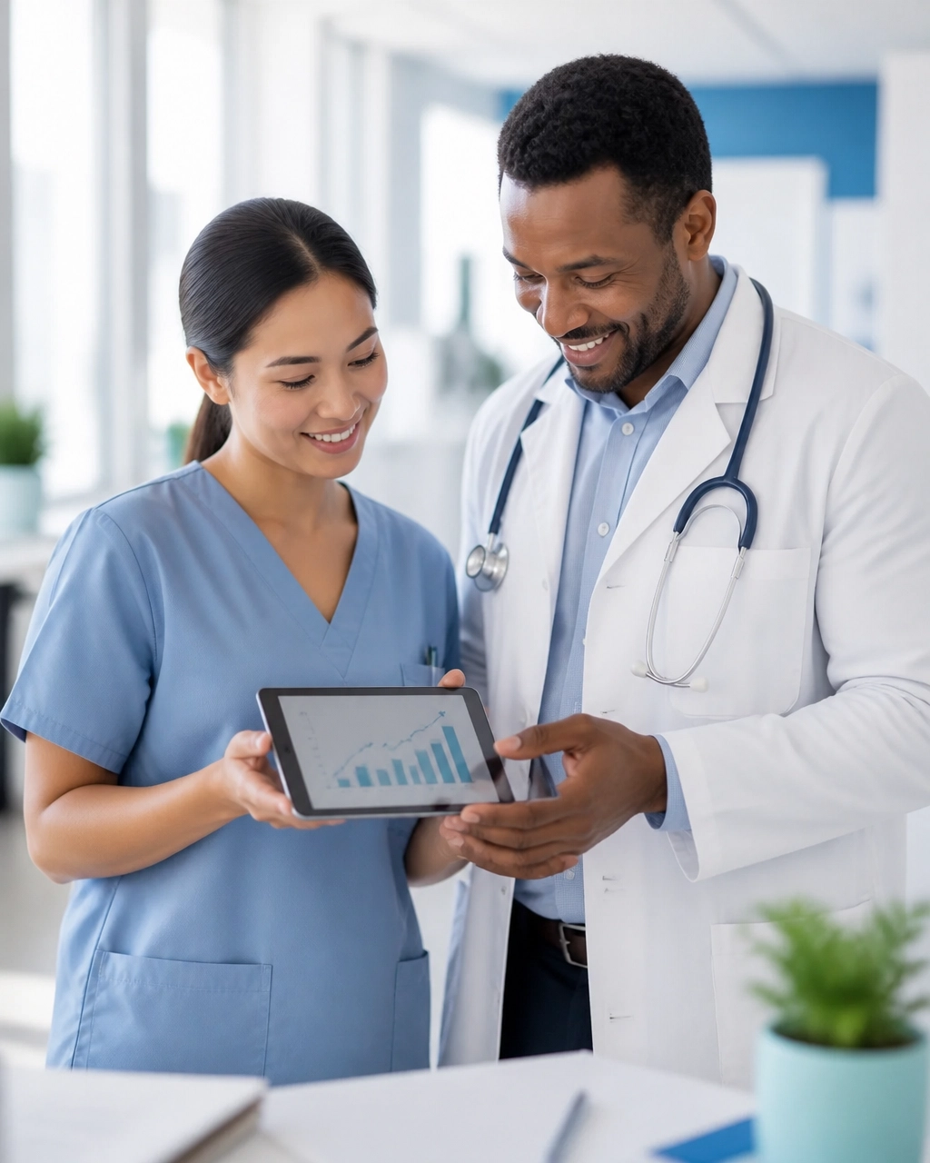 Healthcare team reviewing online lead conversion metrics on a tablet