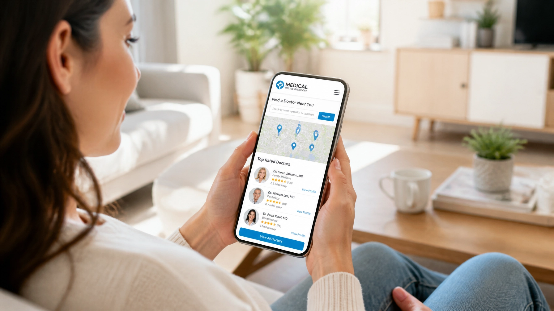 A patient using the Medical Online Directory on their smartphone to find the nearest healthcare provider
