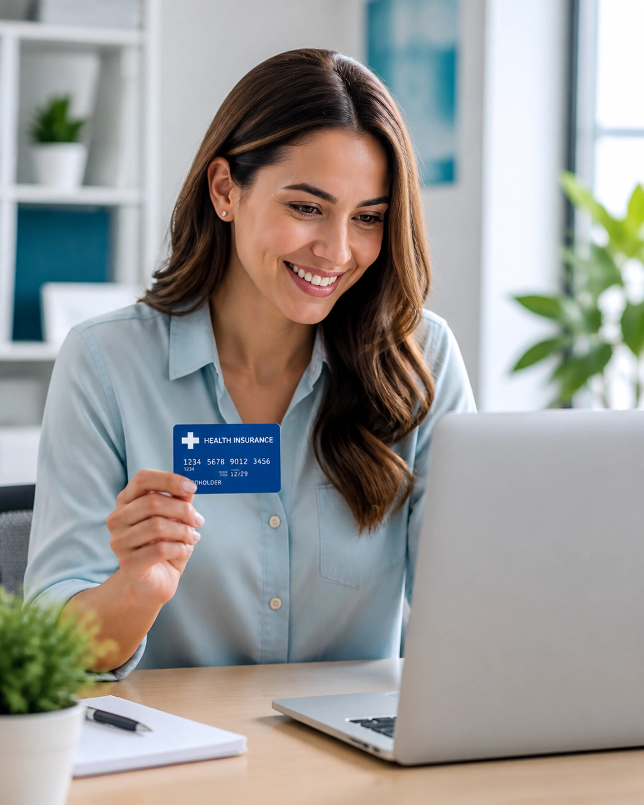 A woman at a desk verifying her health insurance details using a card and a laptop in a bright, professional setting.
