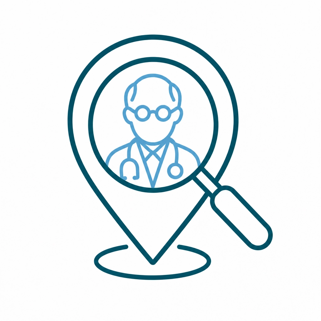 Minimalist search and map pin icon for medical directory