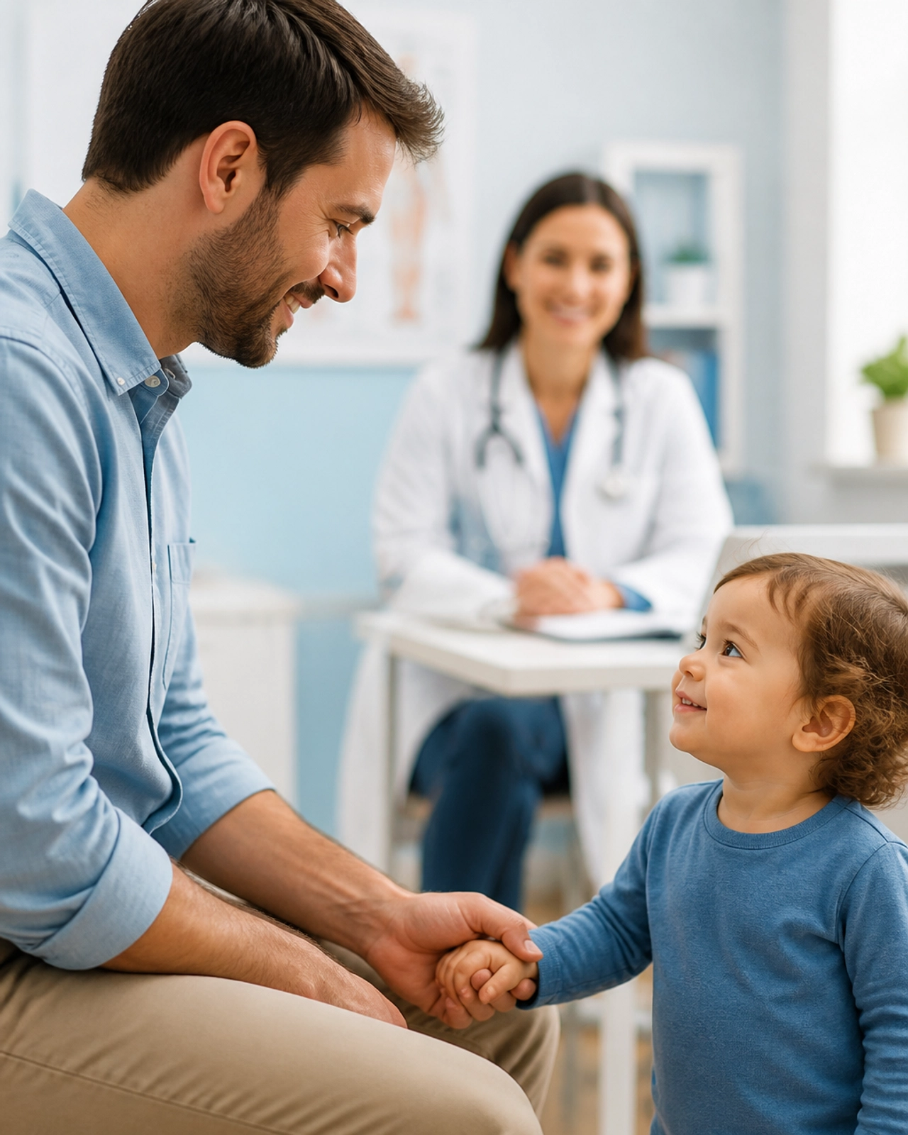 Father holding a toddler's hand during a medical exam