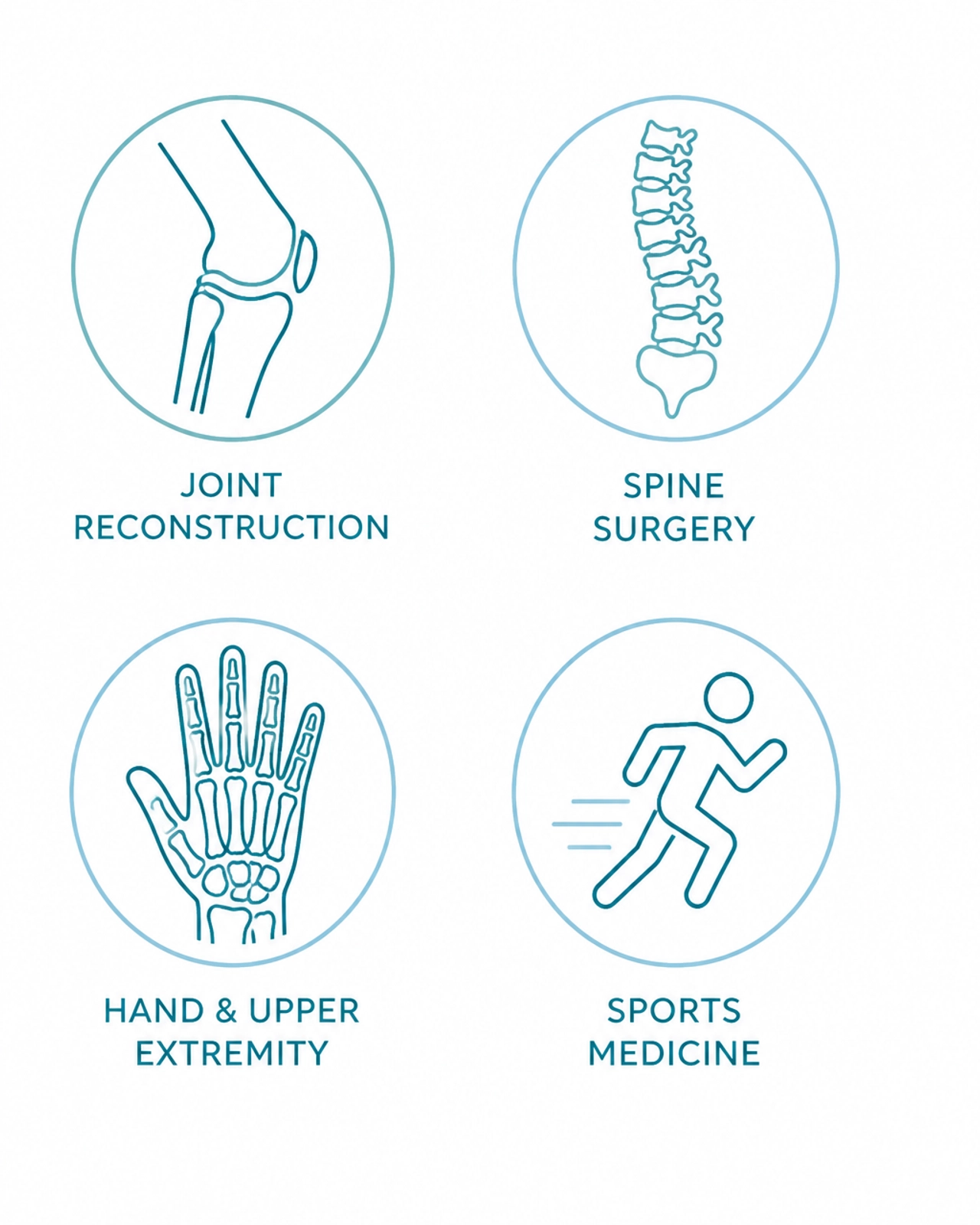 Minimalist icons representing knee, spine, hand, and sports medicine specialties