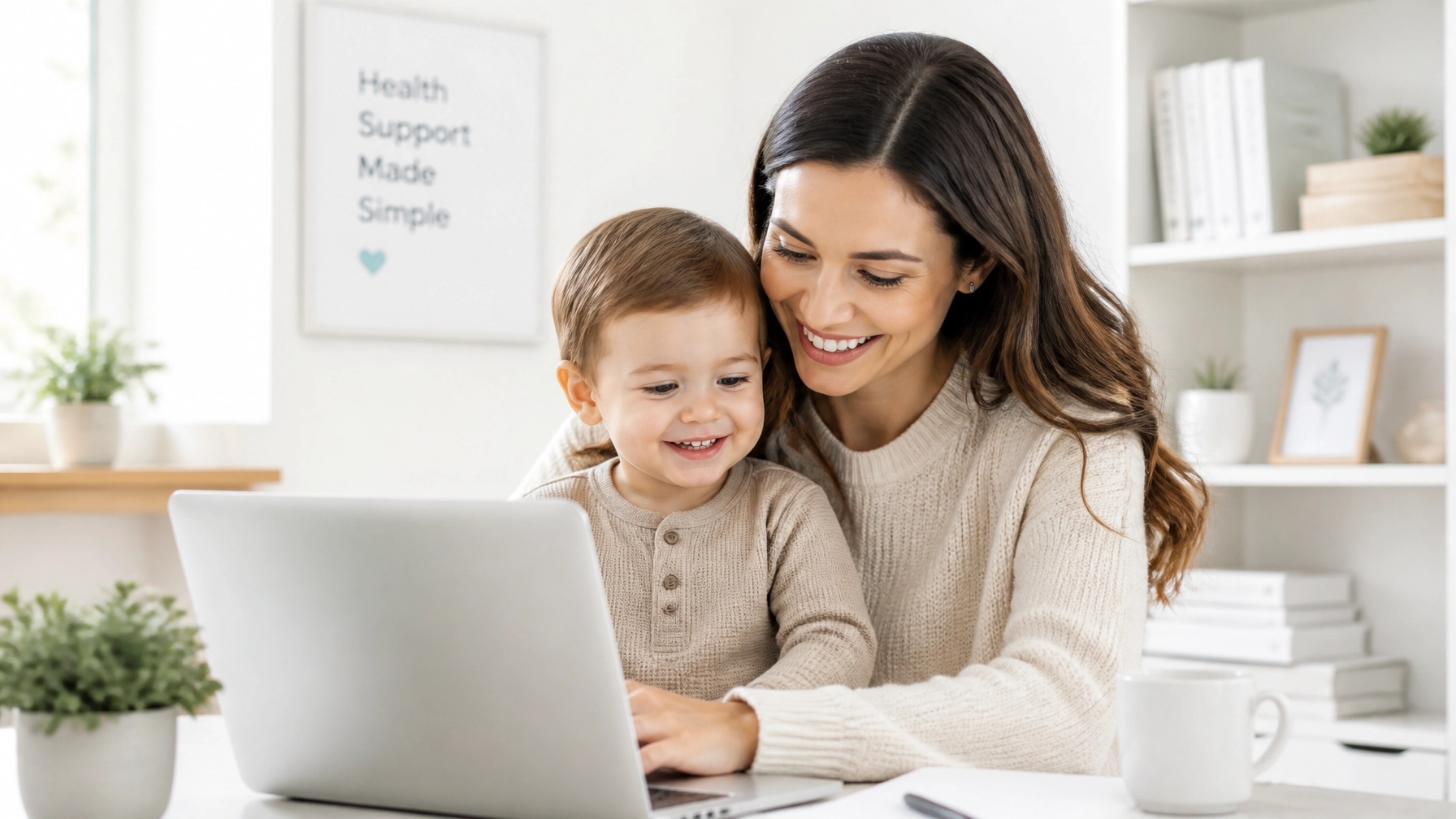A mother and child looking at a laptop together, finding health resources.