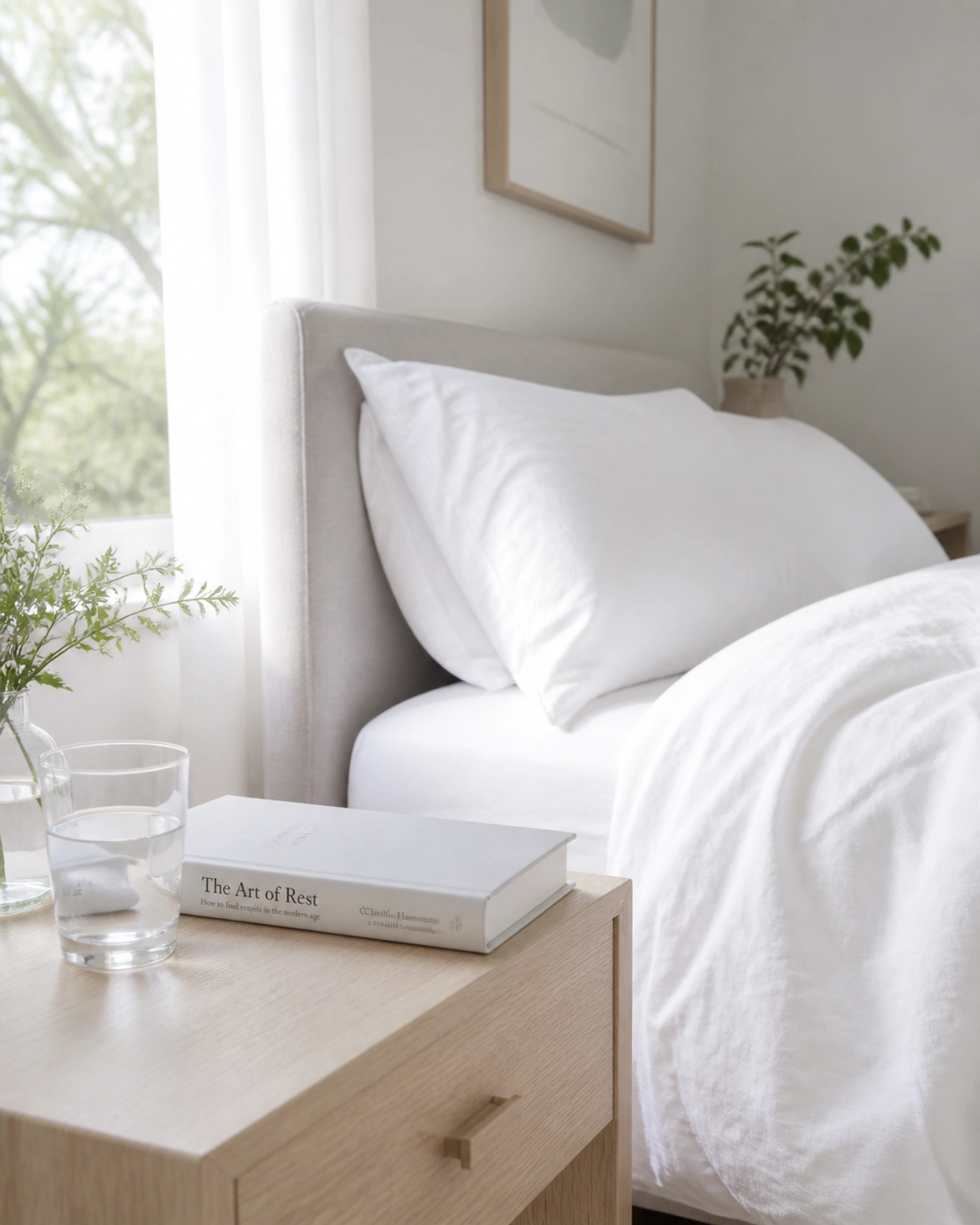 A serene and clean bedroom setting representing high-quality sleep hygiene