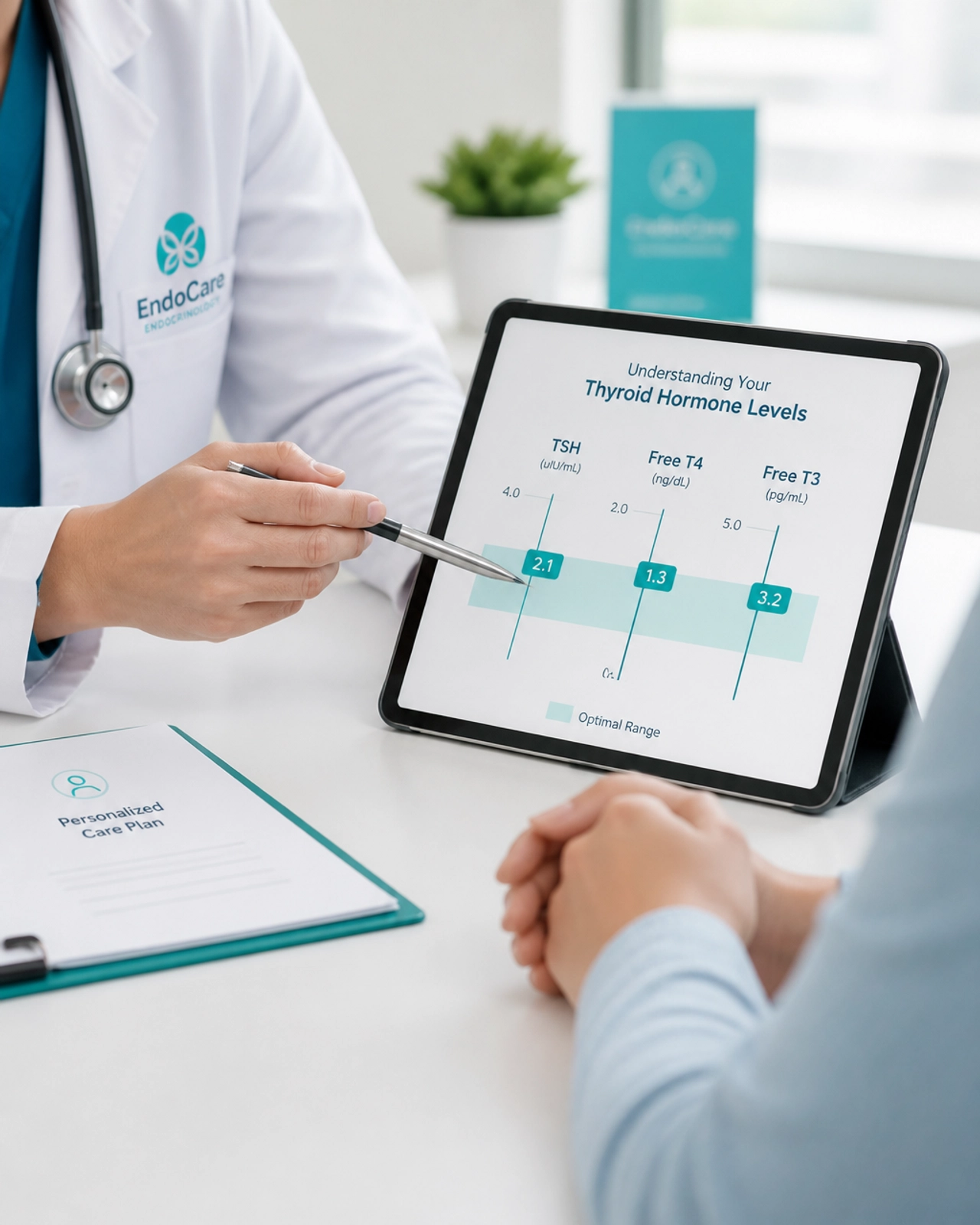 An endocrinologist and a patient sitting at a clean desk during a consultation, looking at a tablet together.