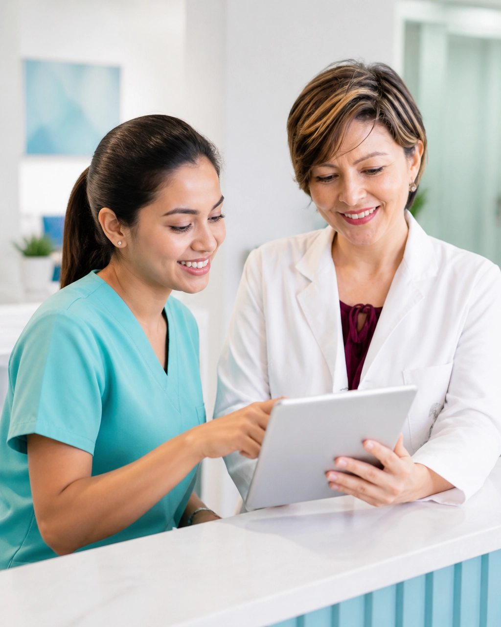 Medical receptionist and physician reviewing patient feedback together