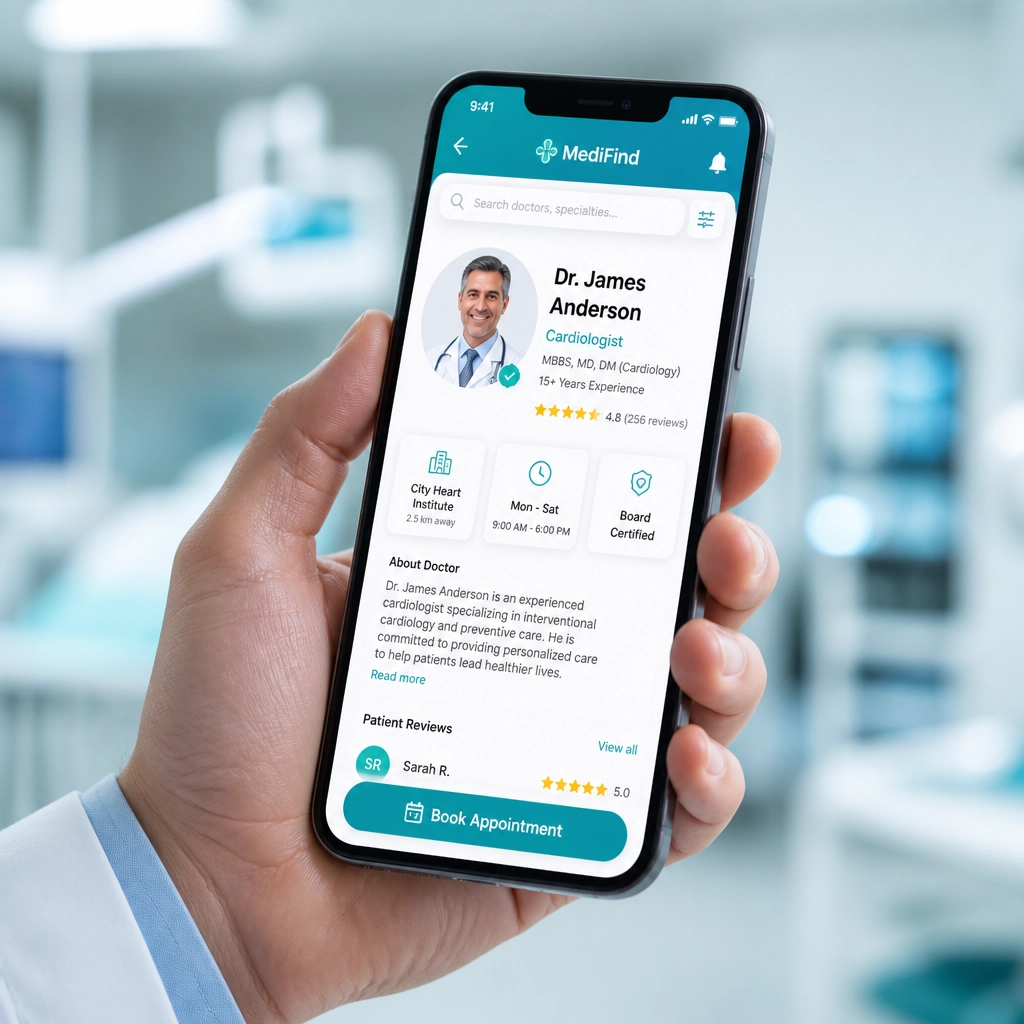 A doctor's hand holding a smartphone showing a medical directory profile with star ratings.