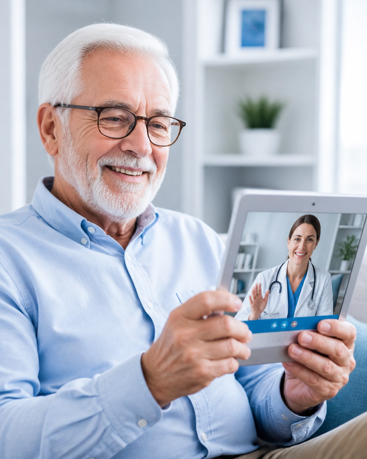 A smiling senior man using a tablet for a virtual doctor visit