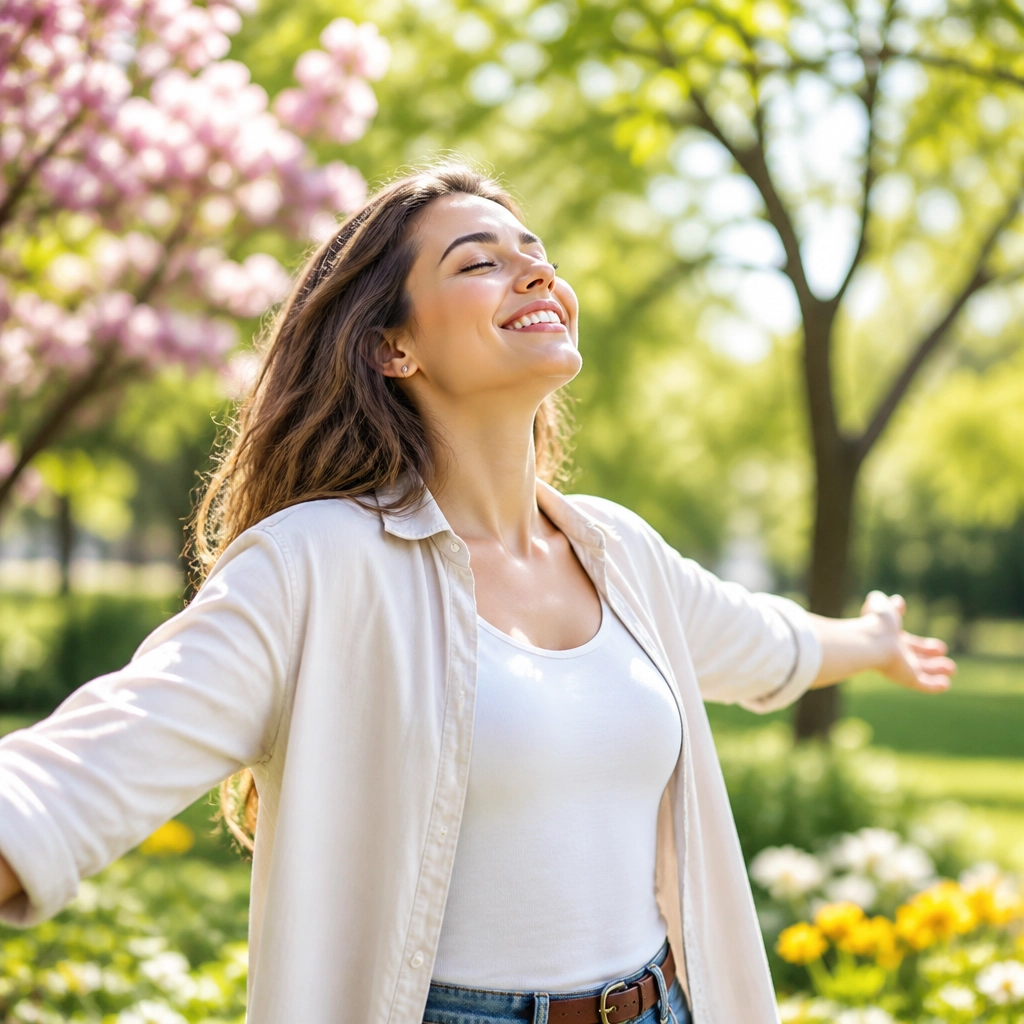 A person smiling and breathing deeply in a bright, lush green park