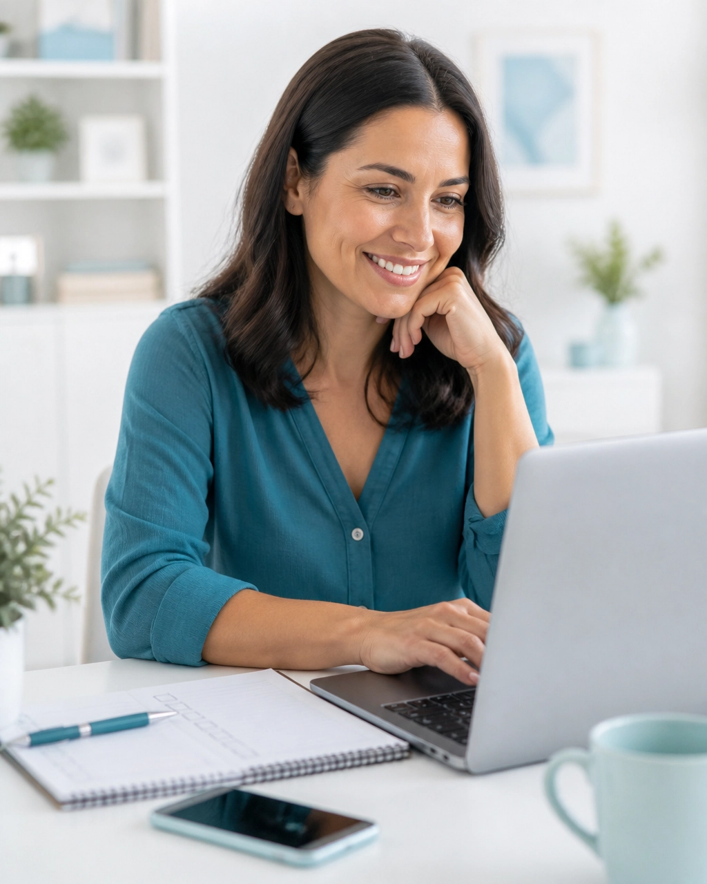 Patient comparing health insurance options on a laptop with a notebook and blank checklist in a bright, calm workspace