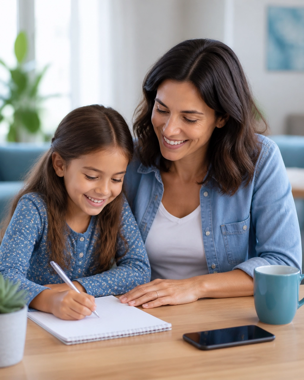Parent and child preparing questions for a pediatrician visit at home
