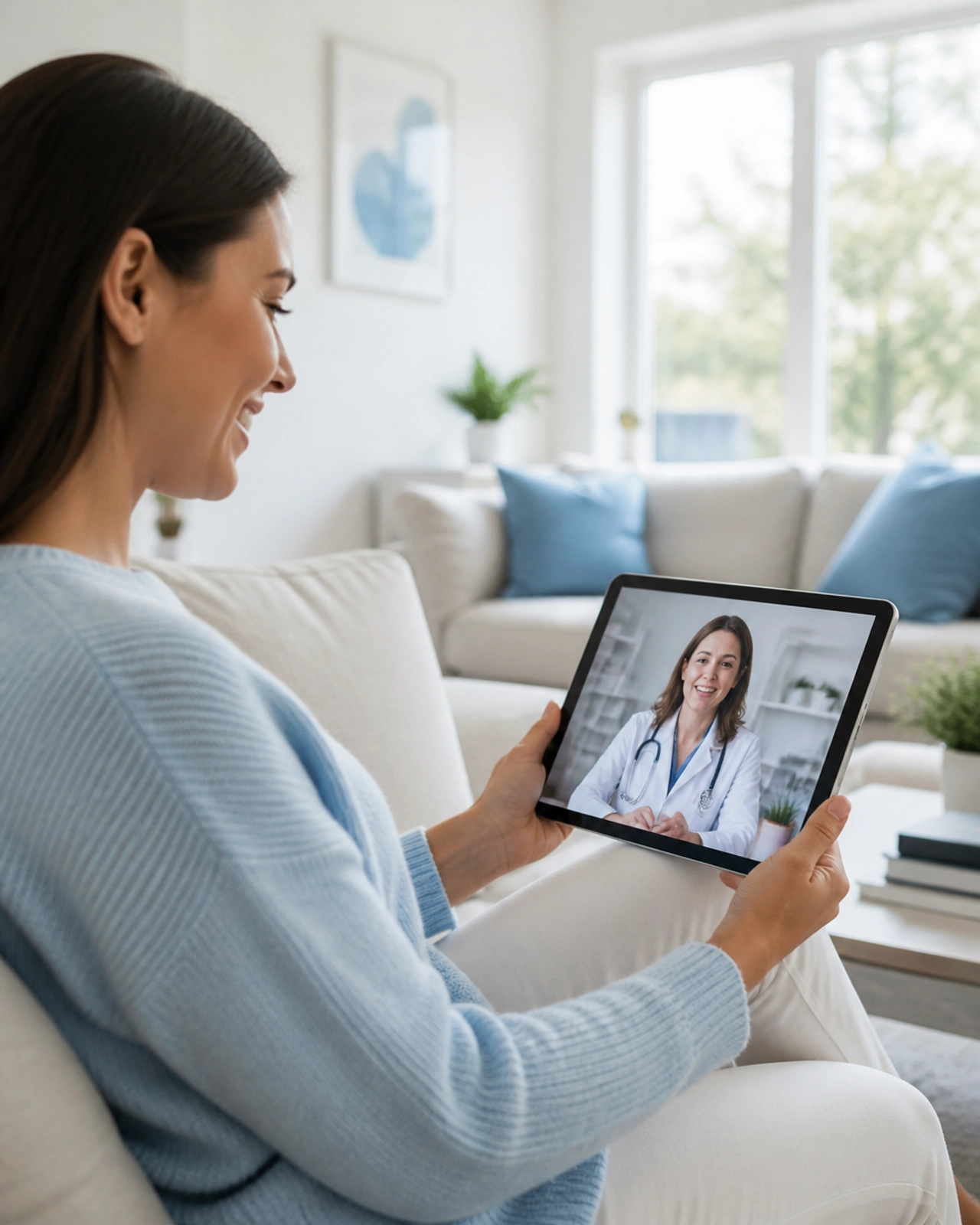 A patient comfortably engaging in a telehealth consultation from home using a modern tablet