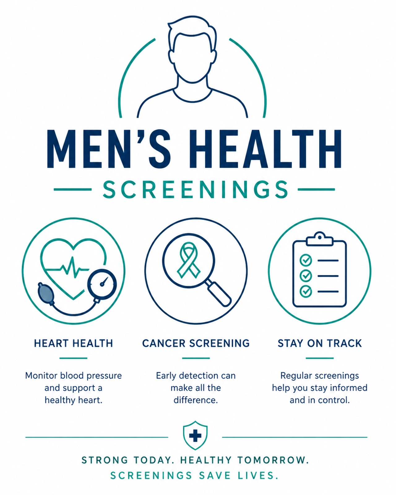 Graphic illustrating essential men's health screenings like blood pressure and cancer checks.