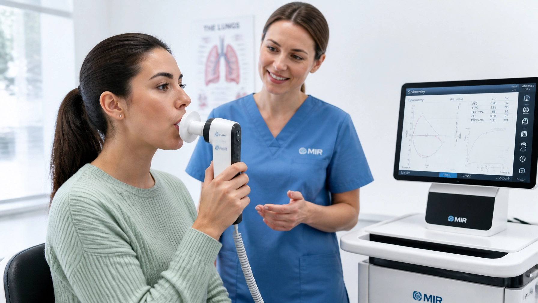 A patient undergoing a pulmonary function test with a digital spirometer