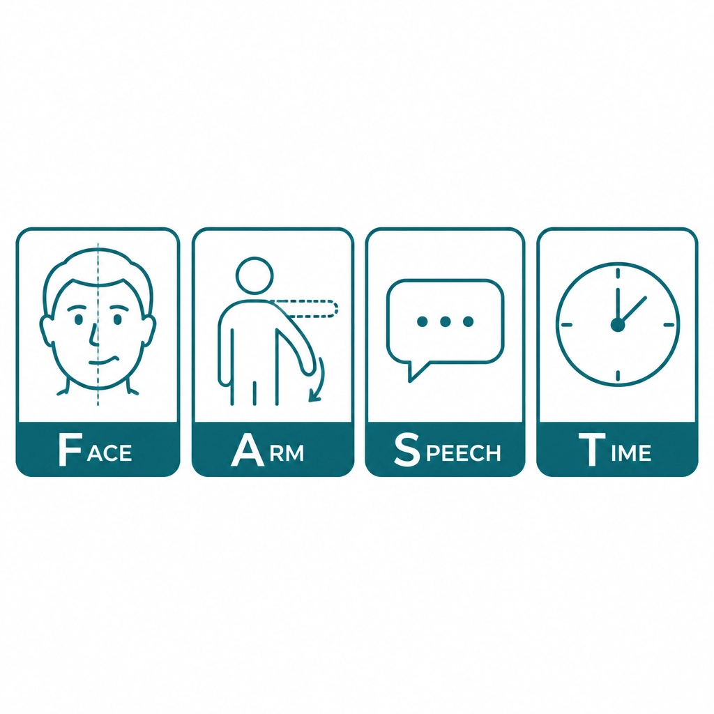 Four minimalist icons representing Face, Arm, Speech, and Time symptoms