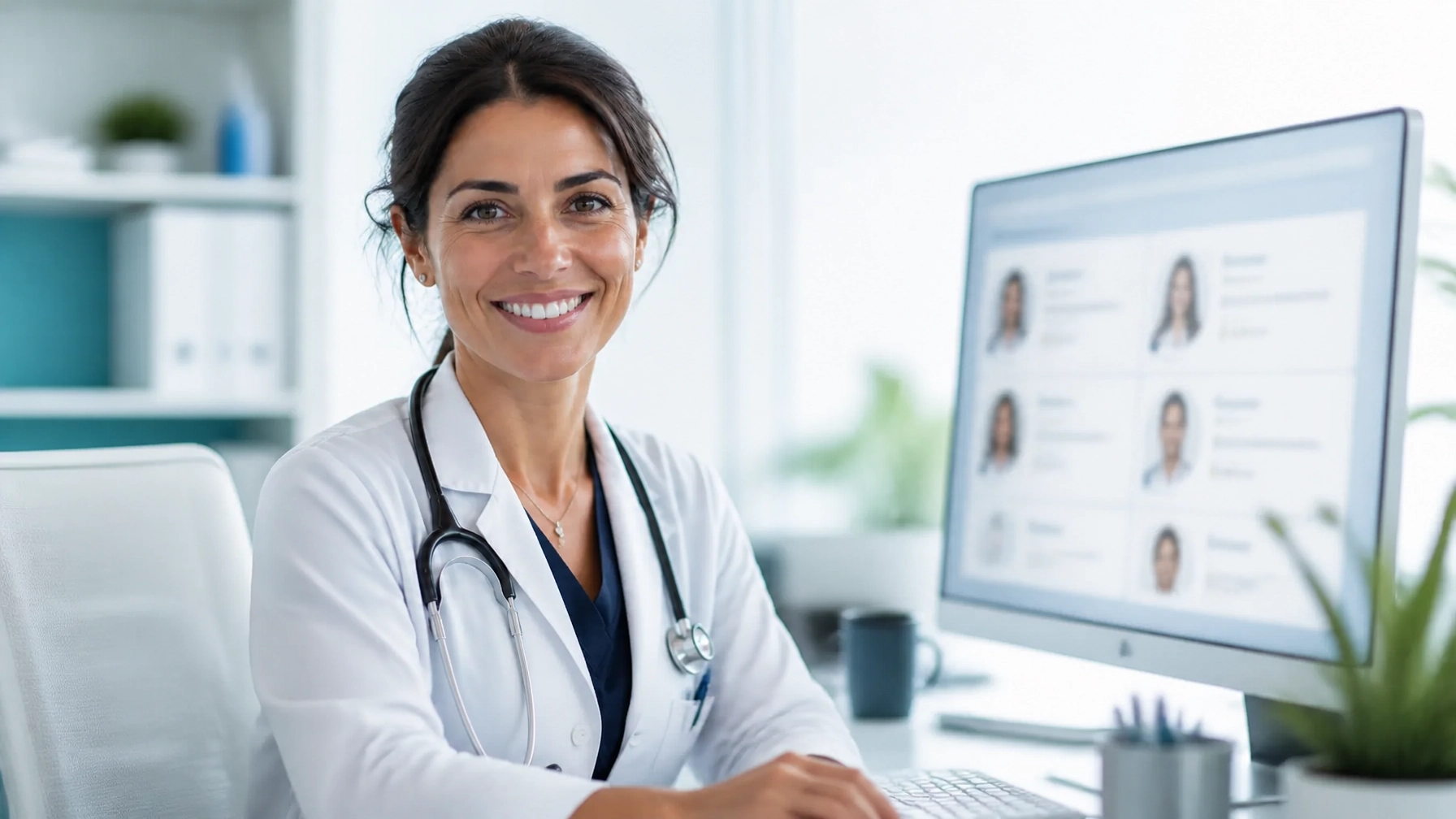Friendly primary care physician using a computer in a bright clinic