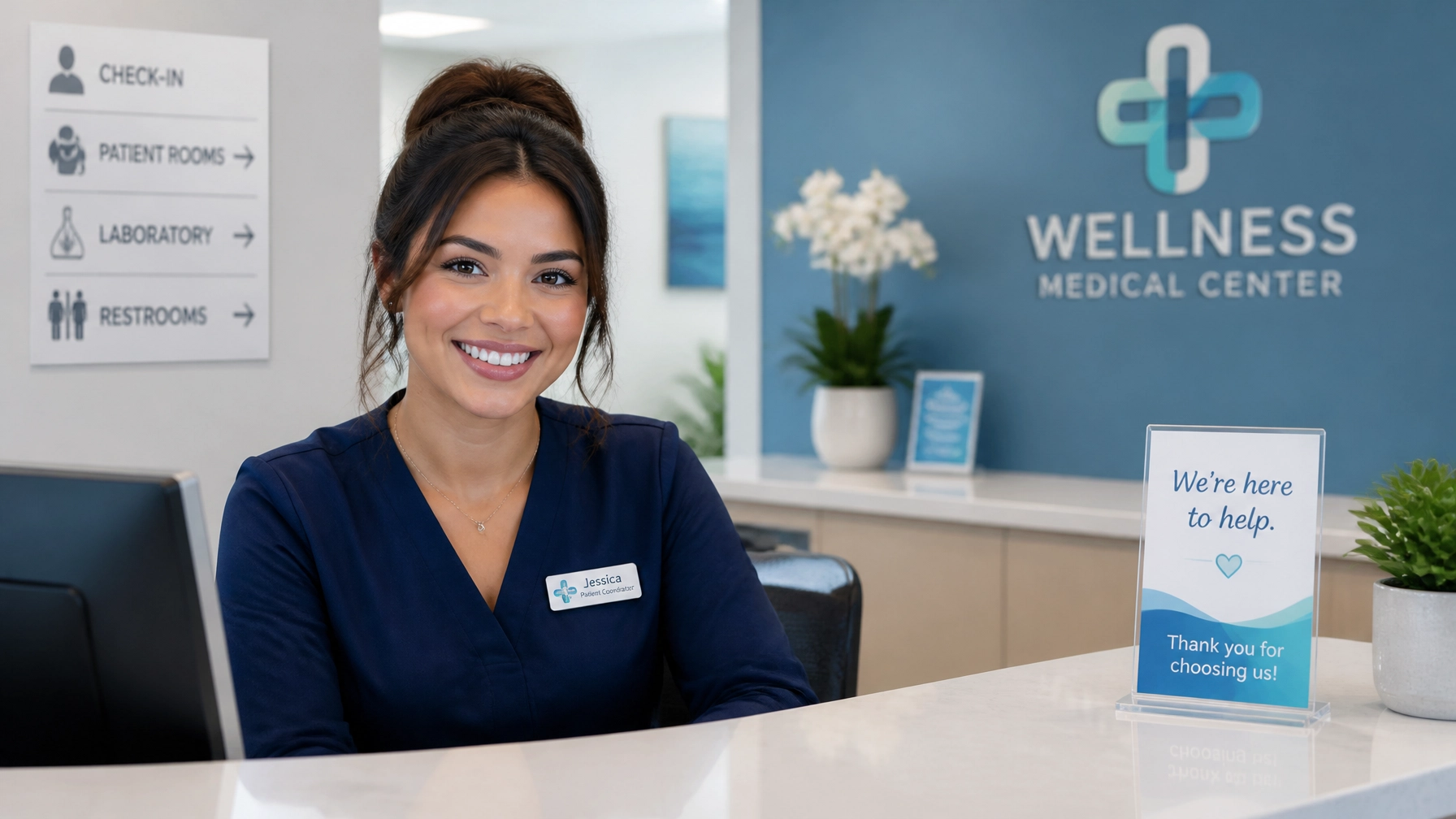 Friendly medical coordinator at a clinic reception desk