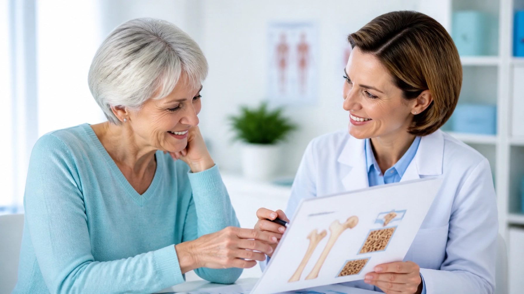 A mature woman speaking with a clinician about bone health and preventive care in a bright clinic