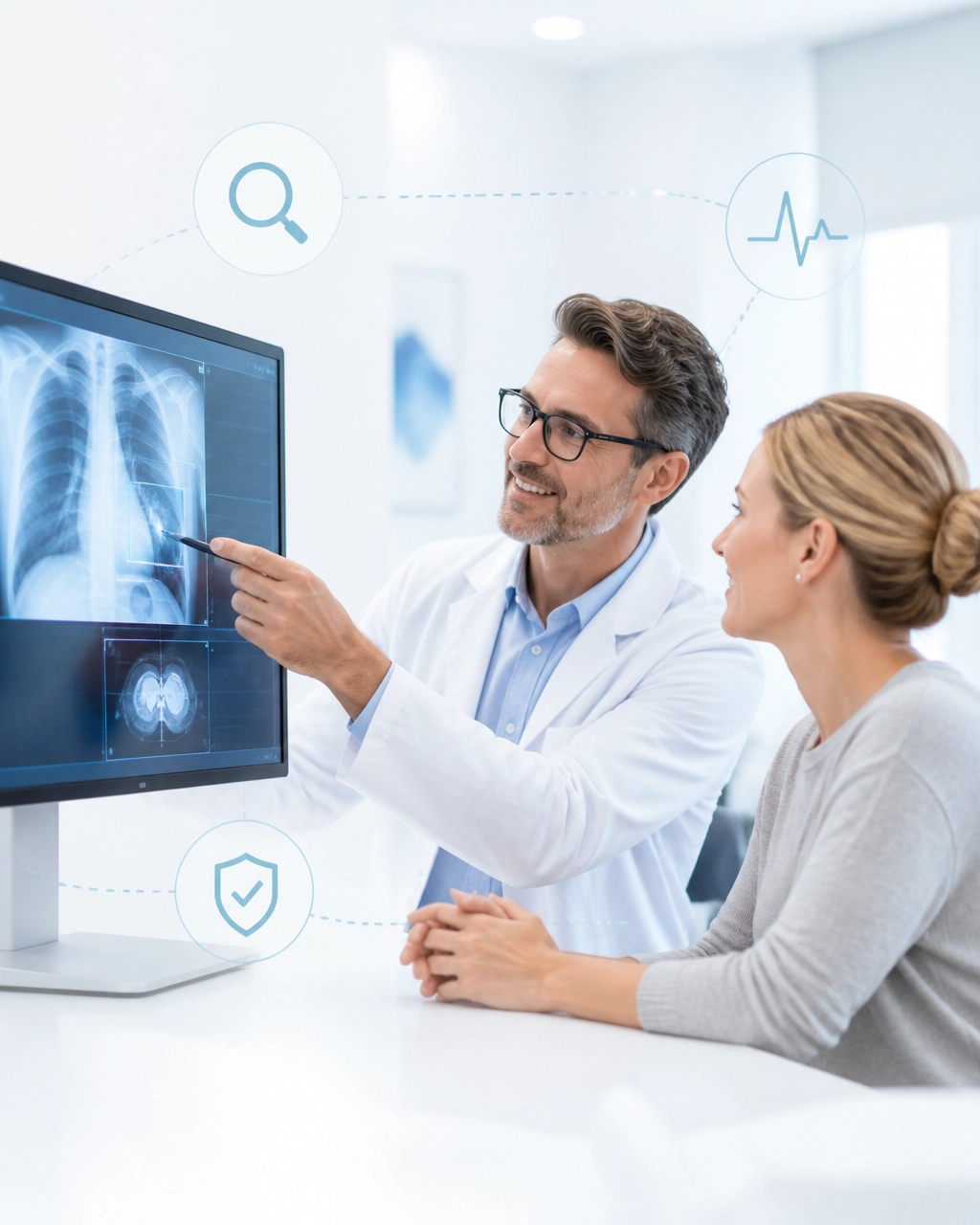 Radiologist and patient reviewing an imaging scan with subtle AI, ECG, and shield icons in a modern clinic