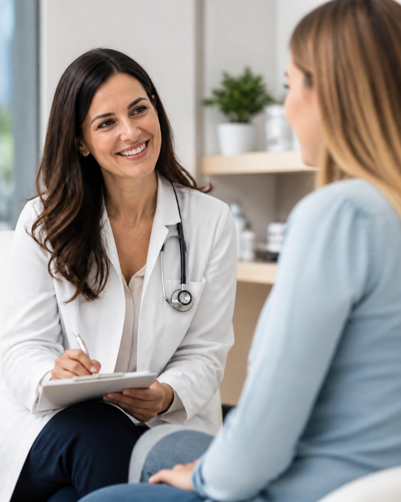 A doctor and patient discussing health results in a bright, modern clinic