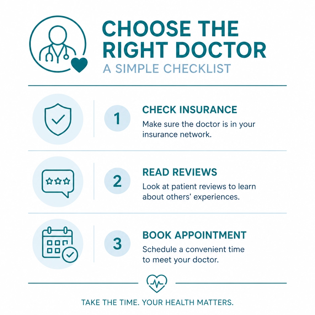 Minimalist checklist graphic for choosing a doctor