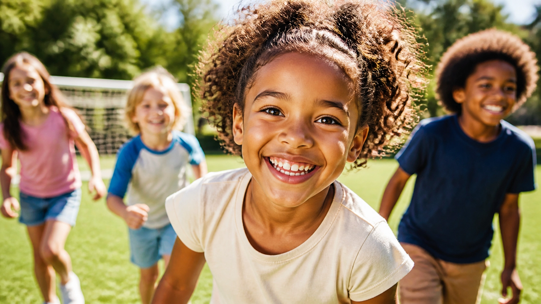 A diverse group of healthy children playing outdoors in a sunny park.