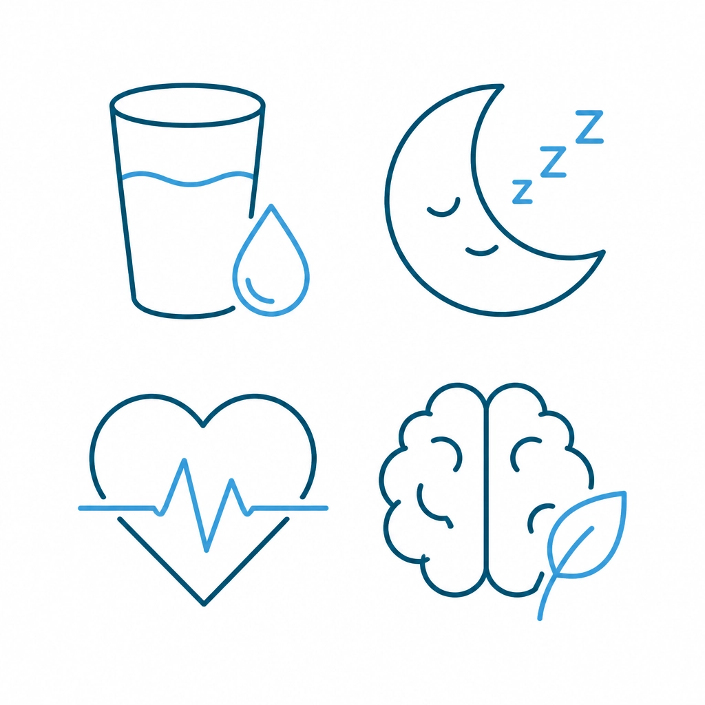 A minimalist graphic with icons for hydration, rest, movement, and mental wellness