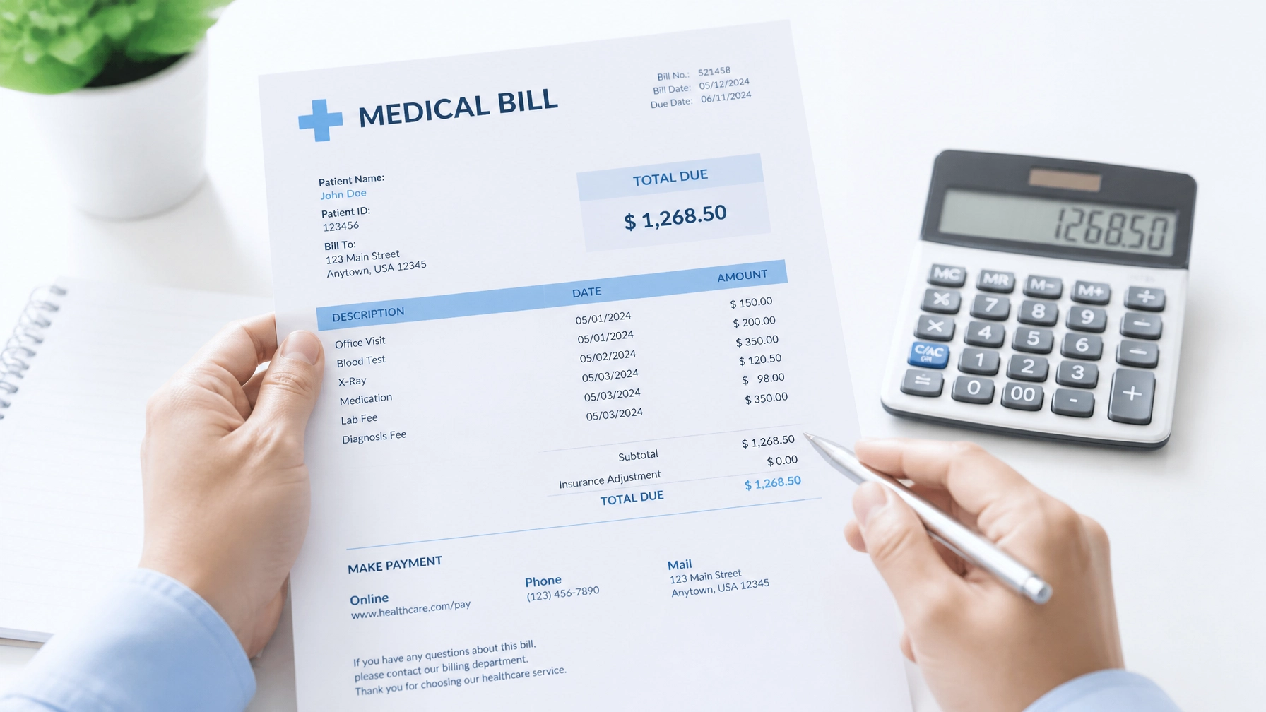 Close up of medical billing and financial planning for healthcare visits