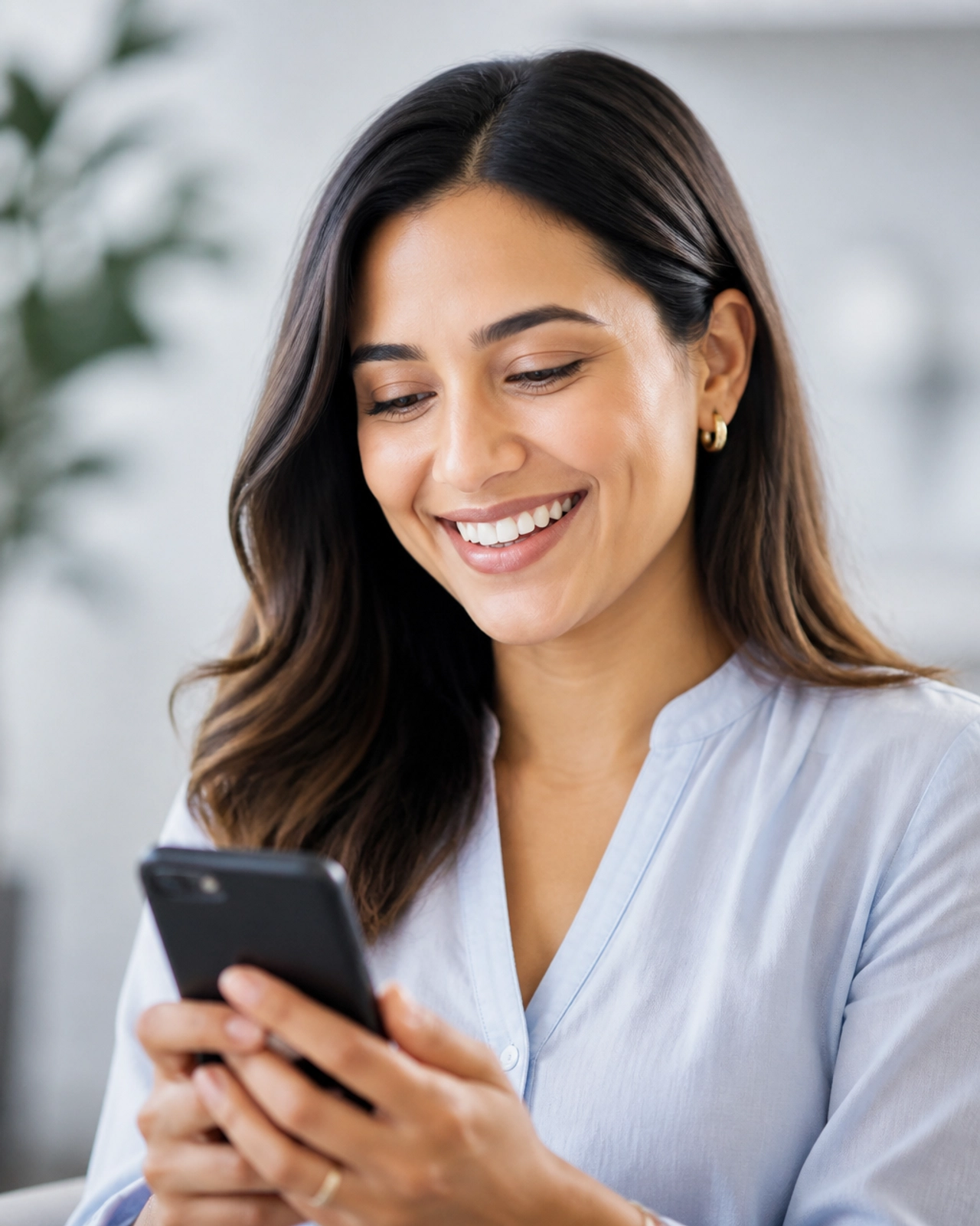A person smiling with relief while searching for healthcare providers on their smartphone