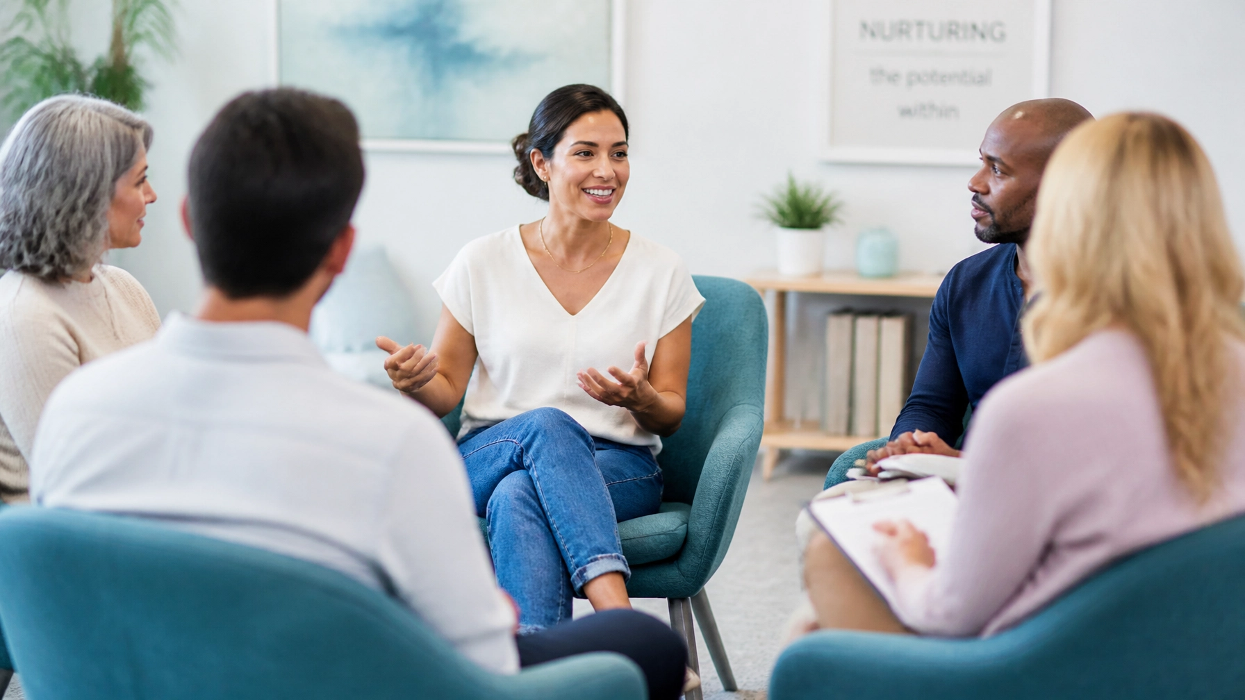 A diverse group of adults participating in a supportive and professional group therapy session.