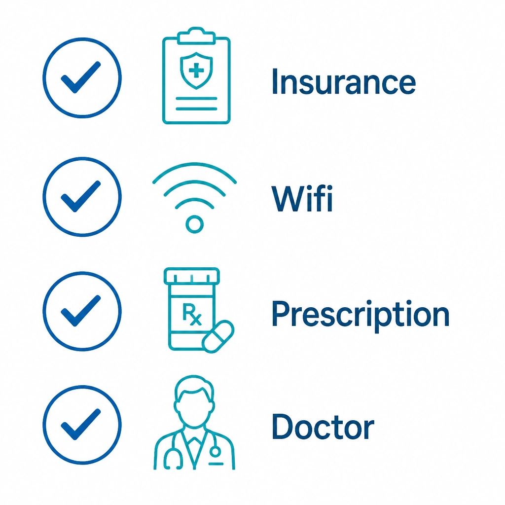 A minimalist checklist with medical icons and blue checkmarks