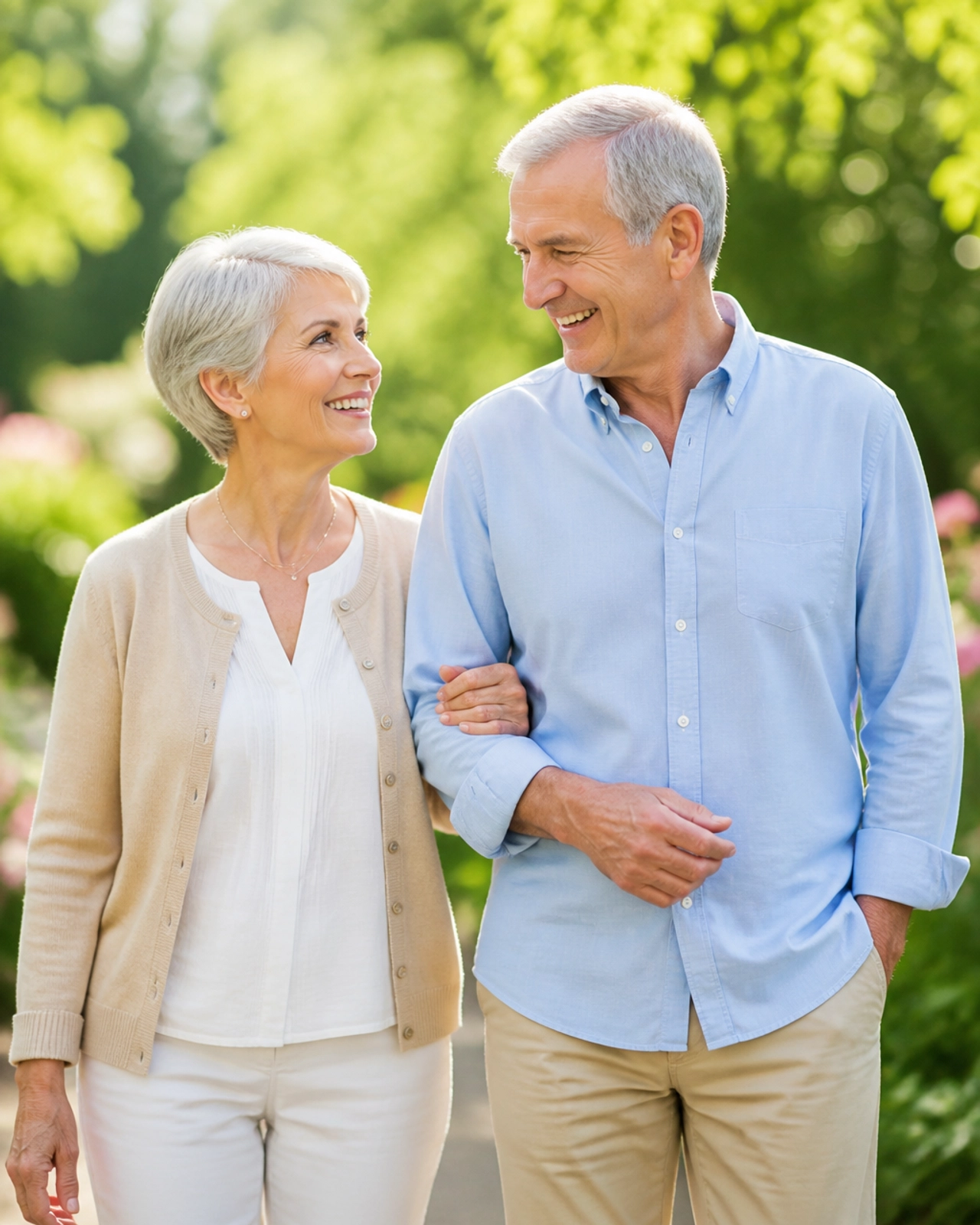A healthy senior couple walking in a sunlit garden, highlighting the importance of preventive care and healthy aging.