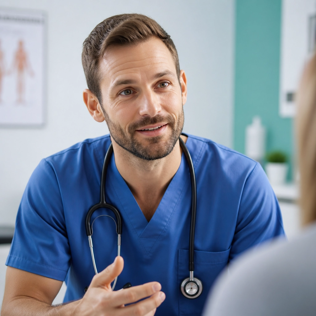 A professional healthcare specialist in blue scrubs having a kind conversation with a patient