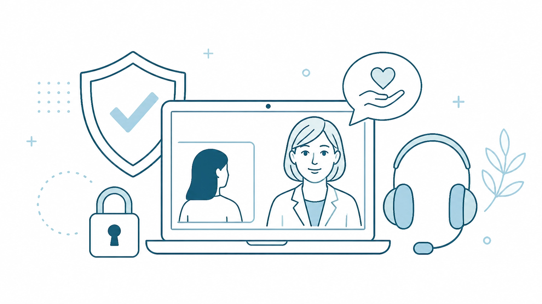Minimalist illustration of a laptop, shield, lock, and private conversation icons