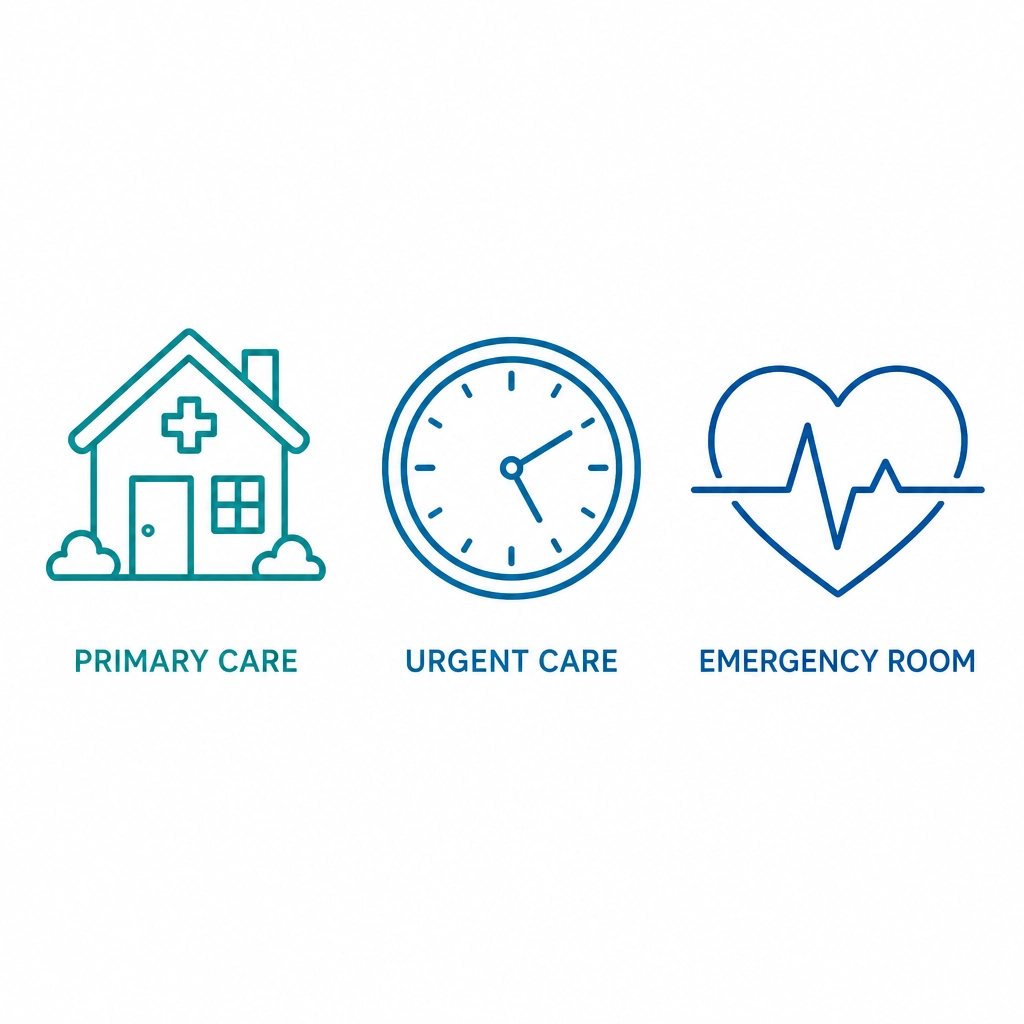 Minimalist icons representing the three tiers of medical care: Primary Care, Urgent Care, and Emergency Room