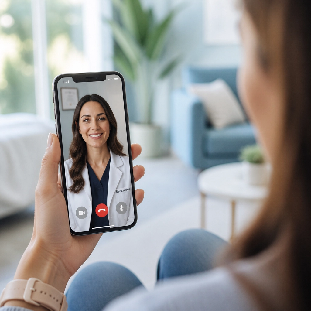 A patient engaging in a teledermatology consultation via smartphone.
