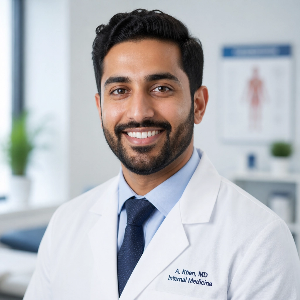 A friendly male healthcare professional in a white coat smiling confidently