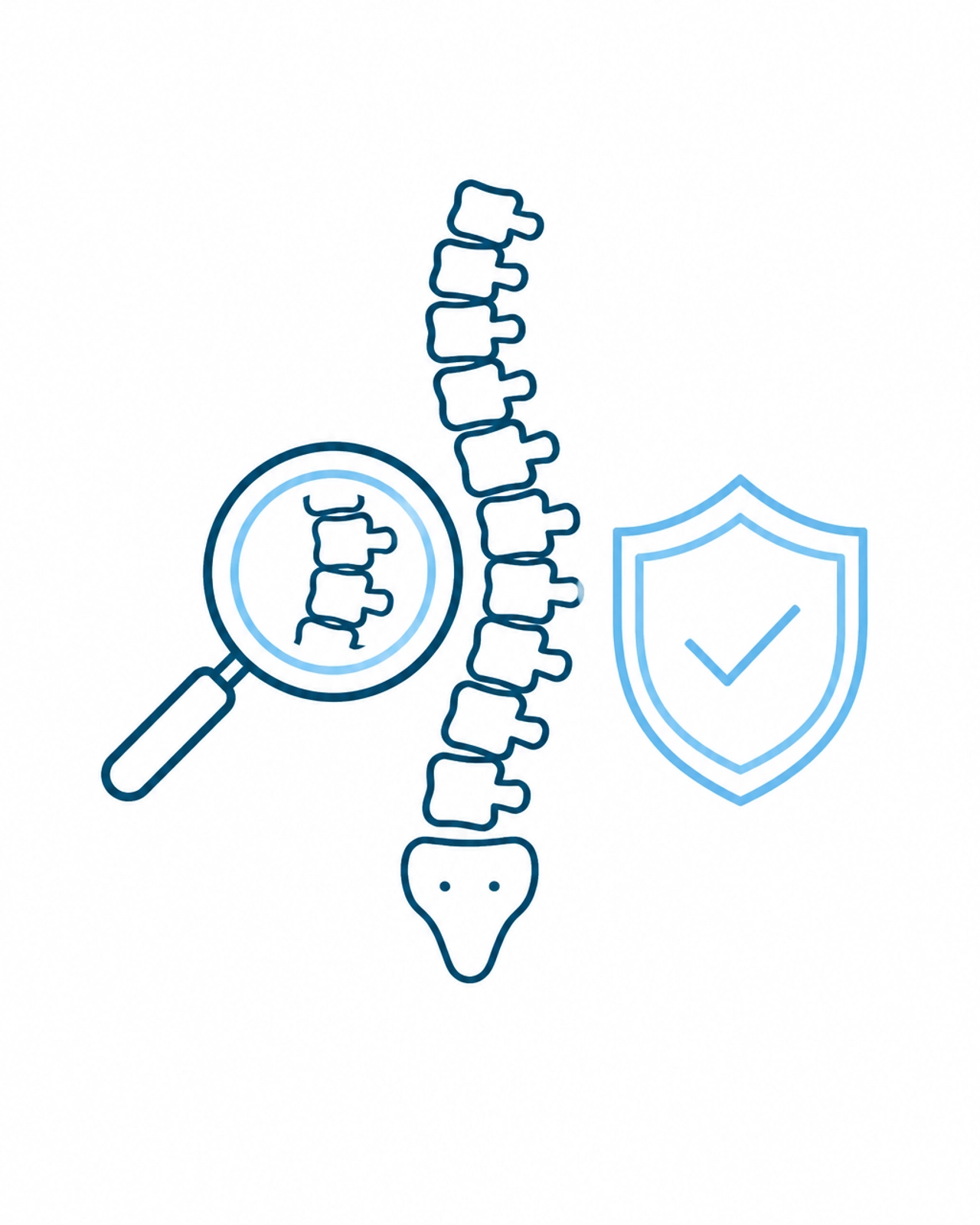 Minimalist graphic icons representing diagnosis, spinal health, and insurance protection.